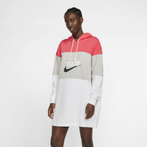 Nike Sportswear Women&#039;s Terry Hooded Dress S Red Gray White Hoodie Long Sleeve
